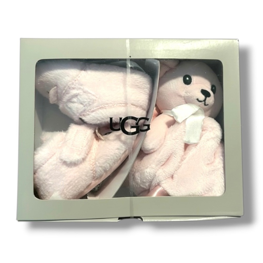 UGG Bixbee Booties and Lovey Bear Stuffie Set Pink 1130354I Baby Girl Size 04/05